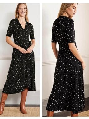 Boden Lavinia Jersey Wrap Midi Dress Black Polka Dot Size 10